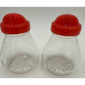 Two Vintage Federal Tool Corp Glass Salt & Pepper Shakers Red Lid Retro USA